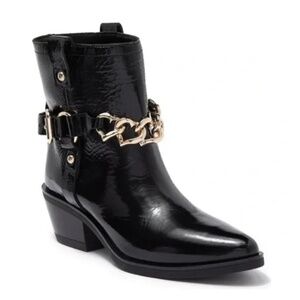 NEW Love Moschino Western Pointy Harness Patent Leather Ankle Boot in Bl…